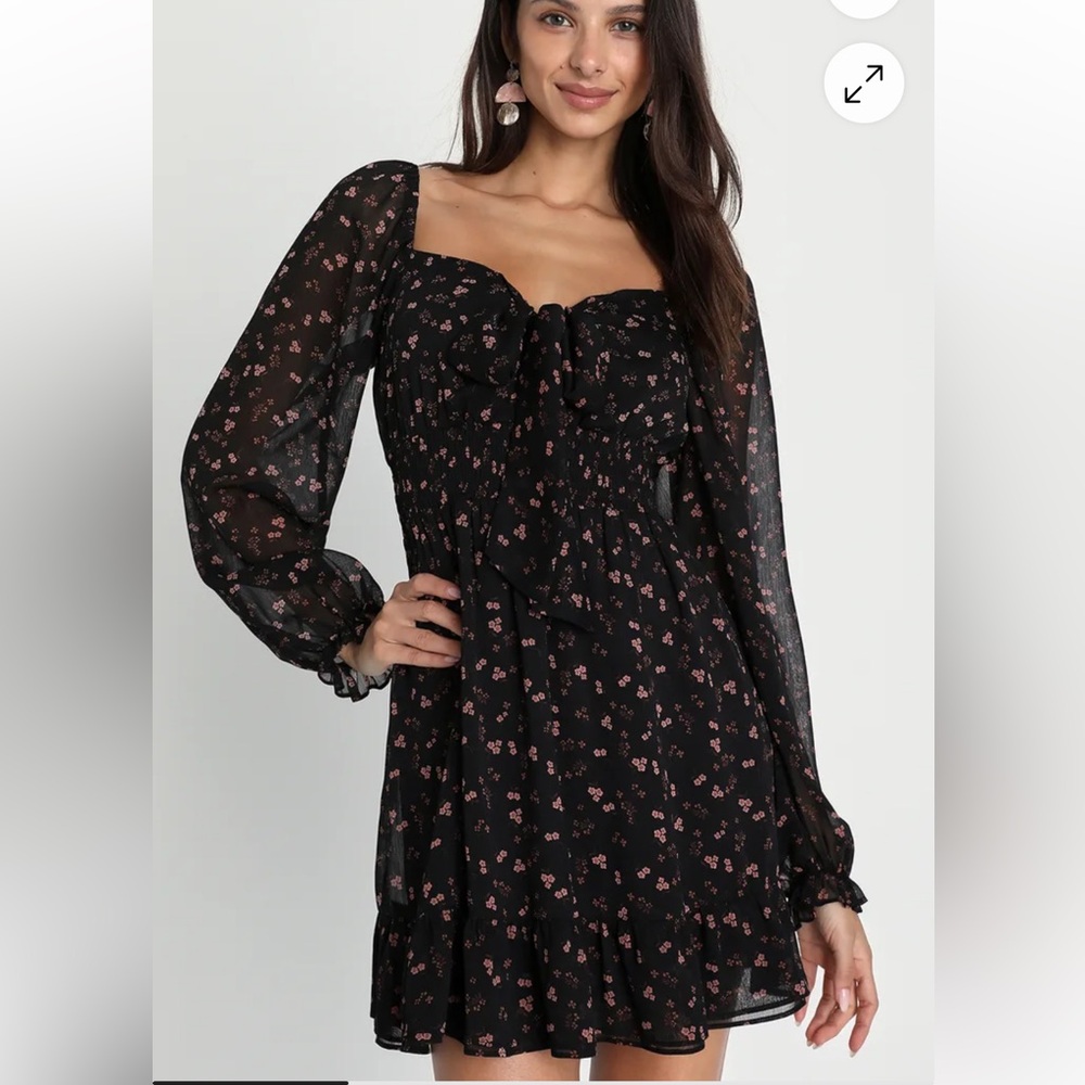 Lulus Ultimate Darling Black Floral Print Ruffled Tie-Front Mini Dress